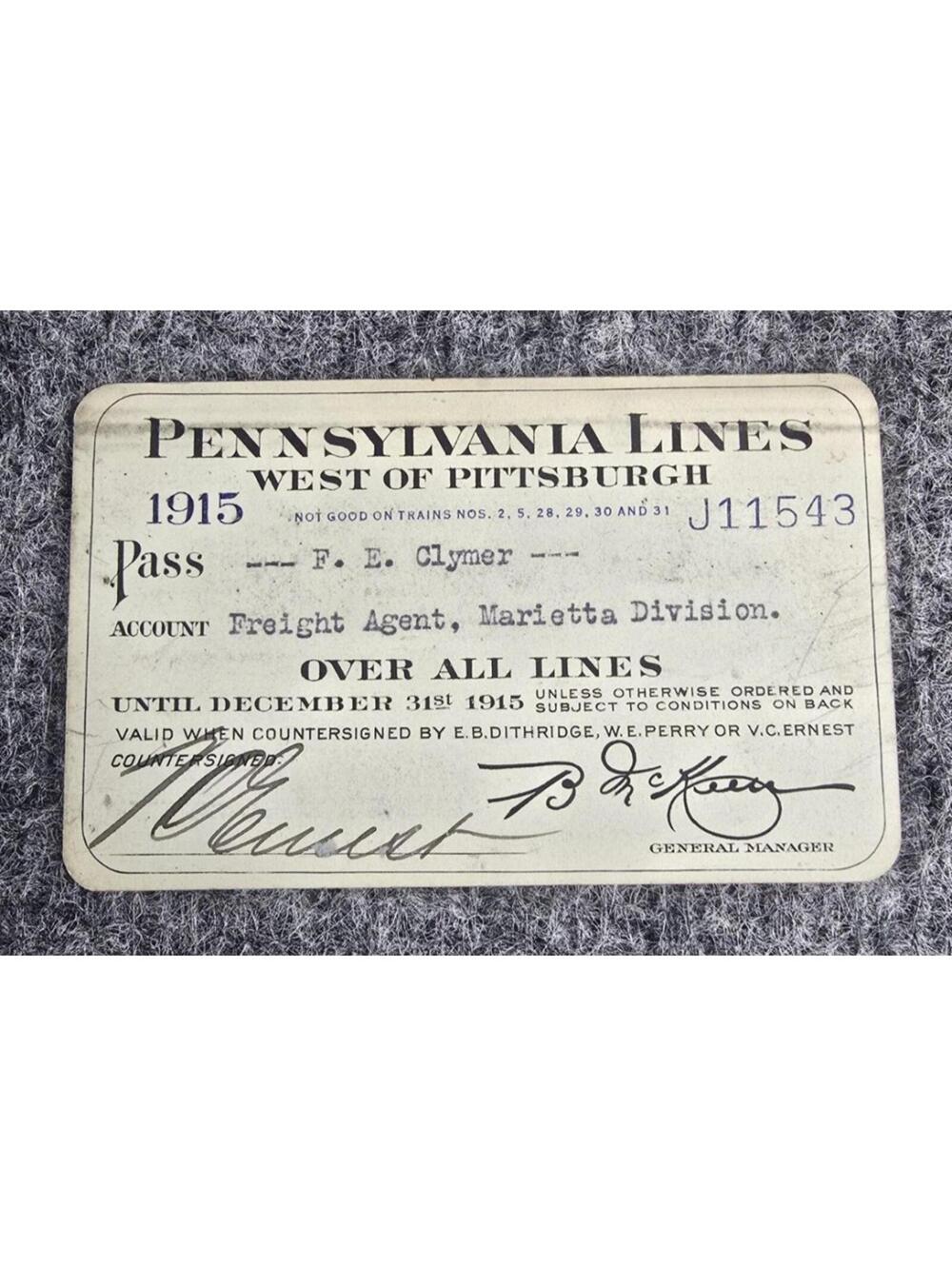 1915 Railroad Pass Thick Stock Pennslyvania West of Pittsburgh Freight Agent